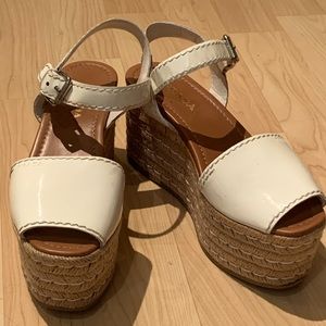 Prada white patent platform sandals